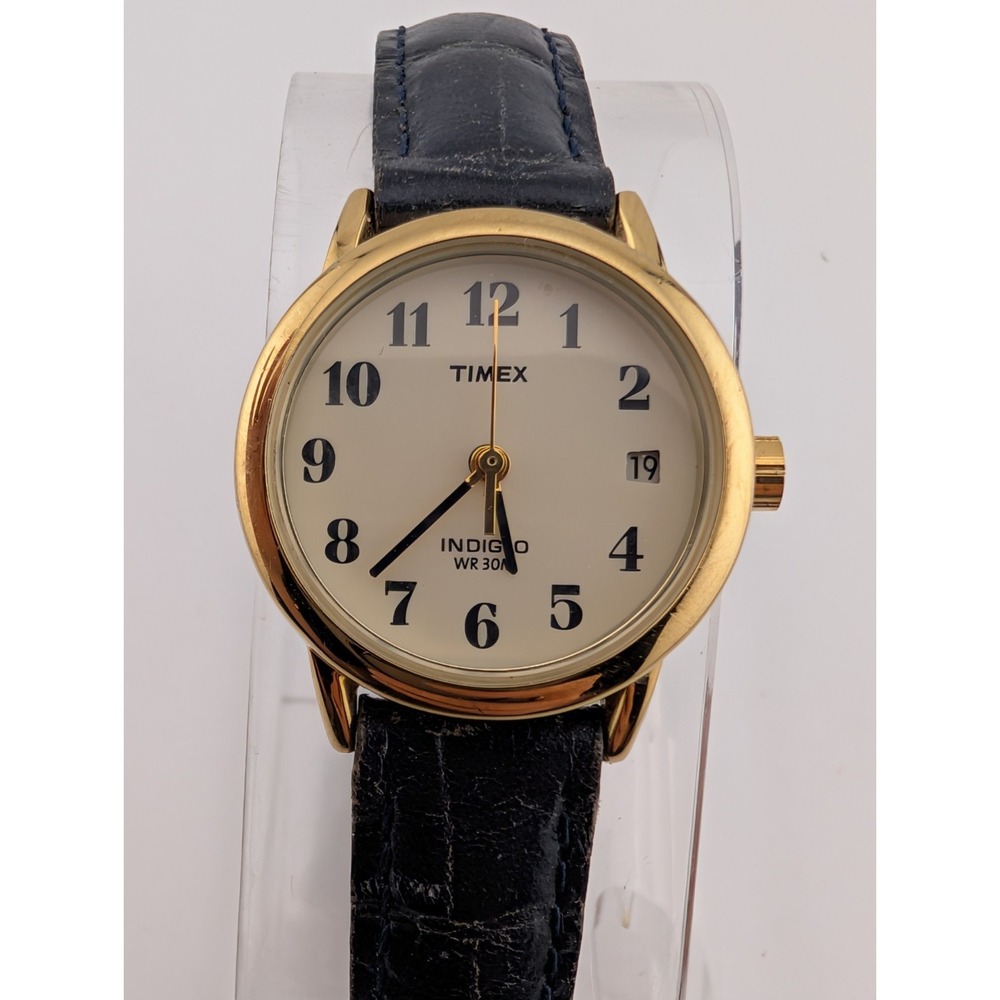 Timex Easy Reader Watch Women 25mm Gold Case Blue Leather Band- New Battery